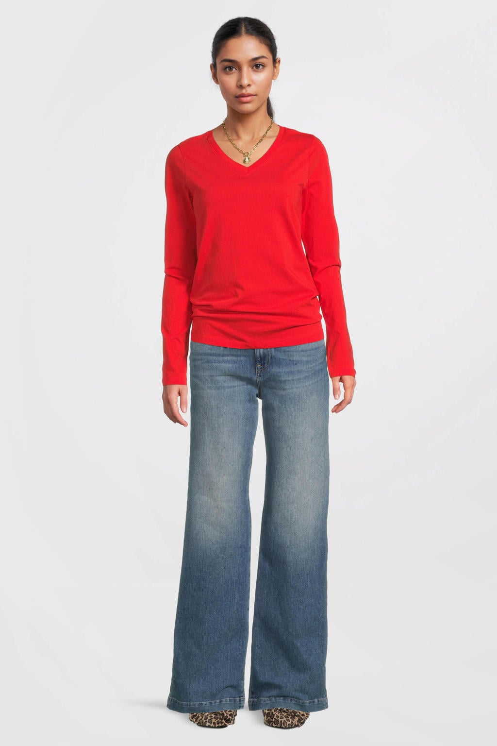 Rode dames Anytime longsleeve V-hals van katoen met effen en lange mouwen