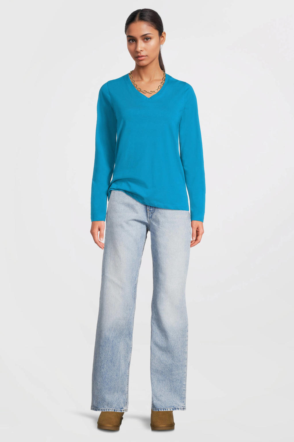 Blauwe dames Anytime longsleeve V-hals van katoen met effen en lange mouwen