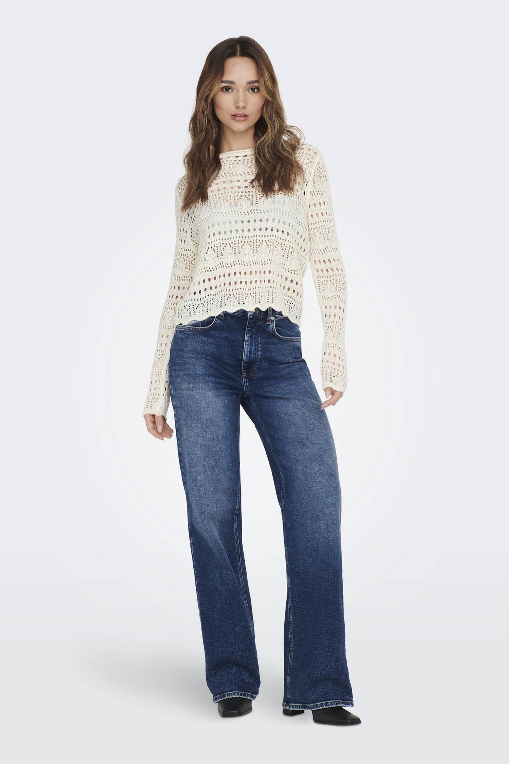 Ecru dames JDY top crochet van acryl met effen, lange mouwen en ronde hals