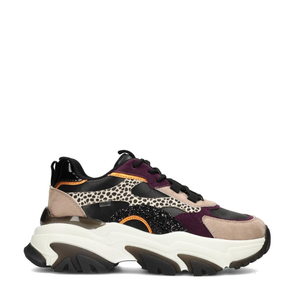 Zwart en taupe dames POSH by Poelman Polly chunky sneakers van imitatieleer en textiel met veters