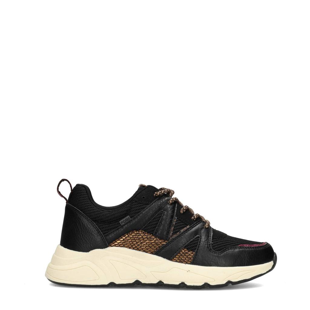 Zwarte dames POSH by Poelman Carocel chunky sneakers van imitatieleer en textiel met veters