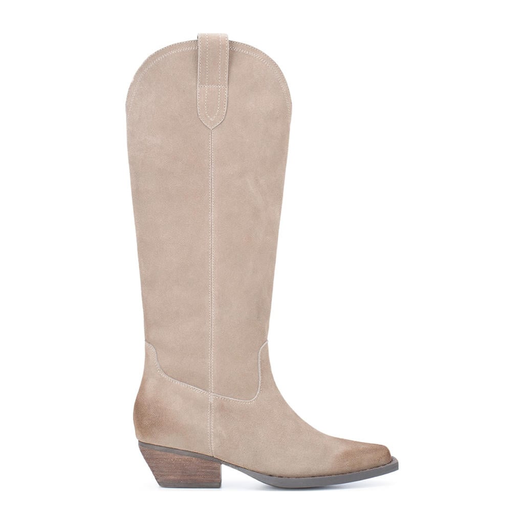 Beige dames Poelman Dana suède cowboylaarzen met ritssluiting