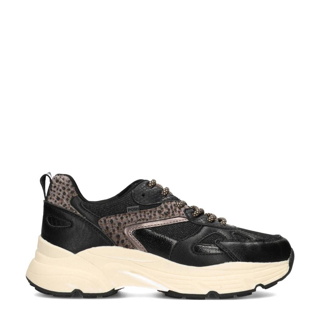 Zwarte dames POSH by Poelman Ayoki chunky sneakers van imitatieleer en textiel met veters