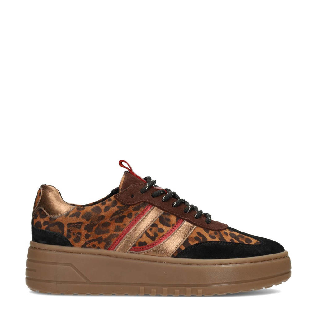 Zwart en rode dames Poelman Anemone leren sneakers met veters