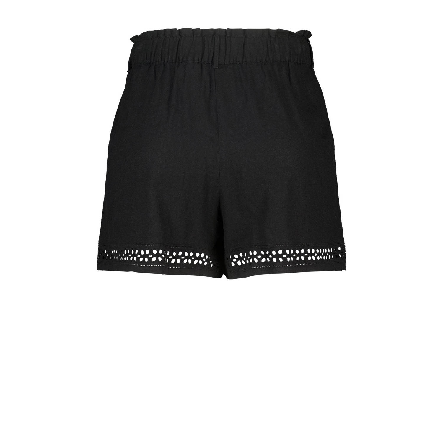 MS Mode linnen straight regular waist casual short zwart broderie