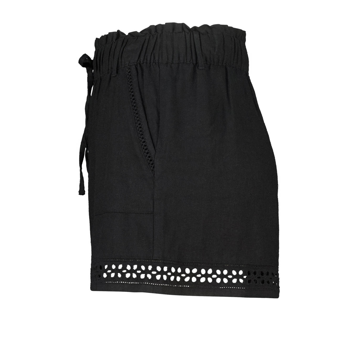 MS Mode linnen straight regular waist casual short zwart broderie