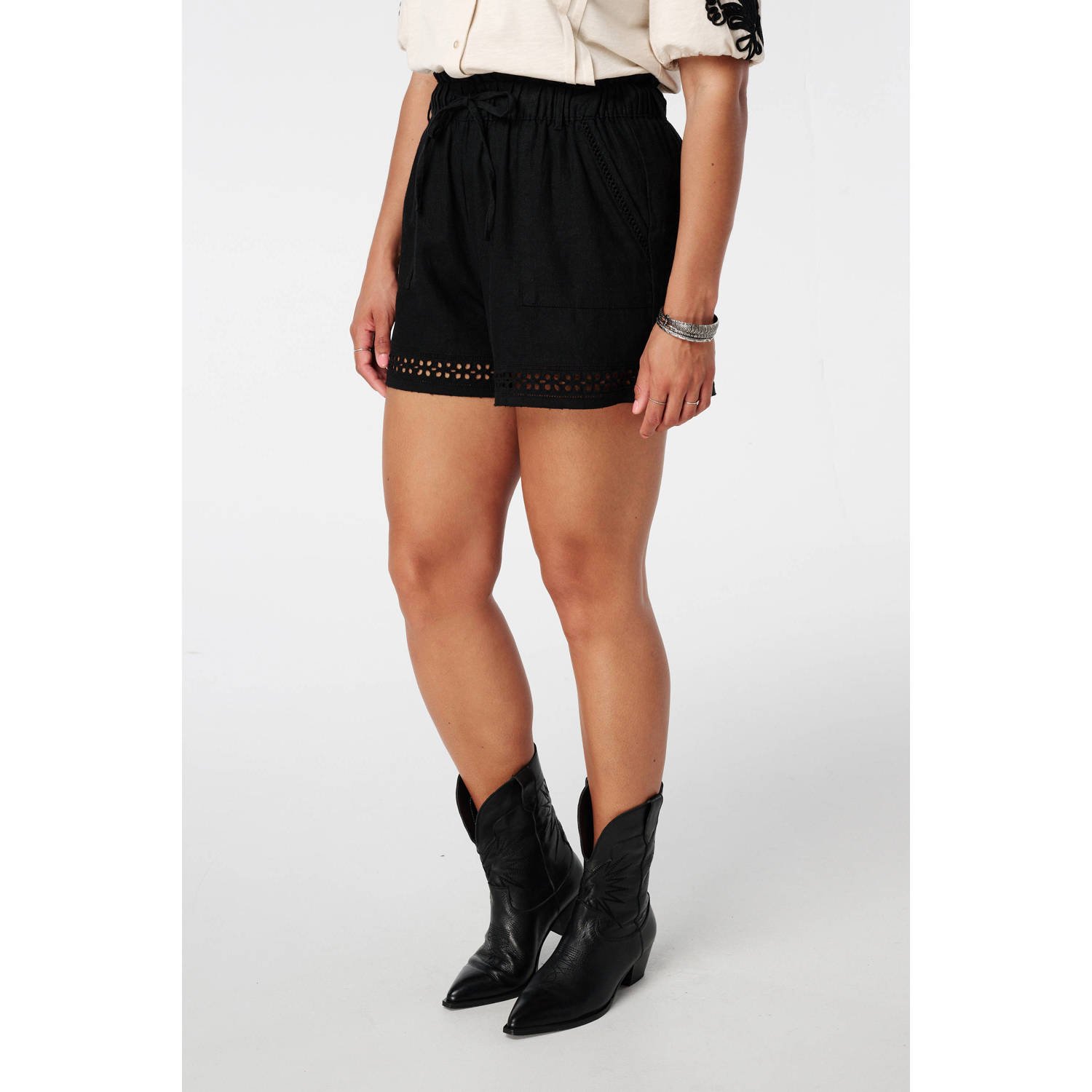 MS Mode linnen straight regular waist casual short zwart broderie