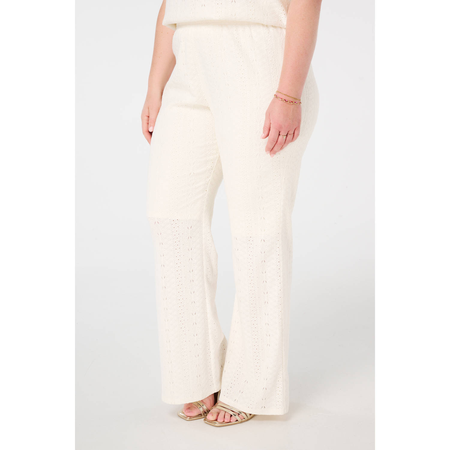 MS Mode wide leg regular waist broek ecru broderie