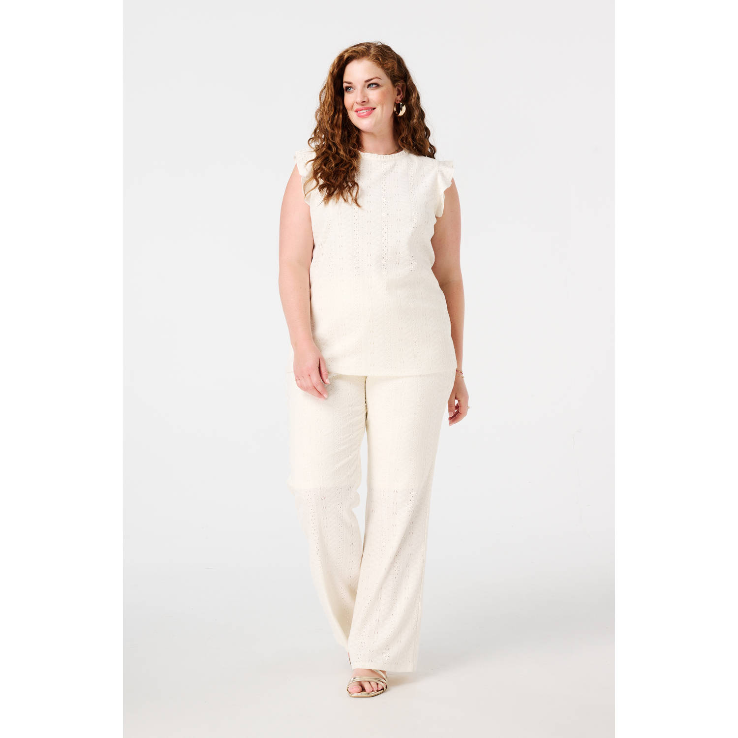 MS Mode wide leg regular waist broek ecru broderie