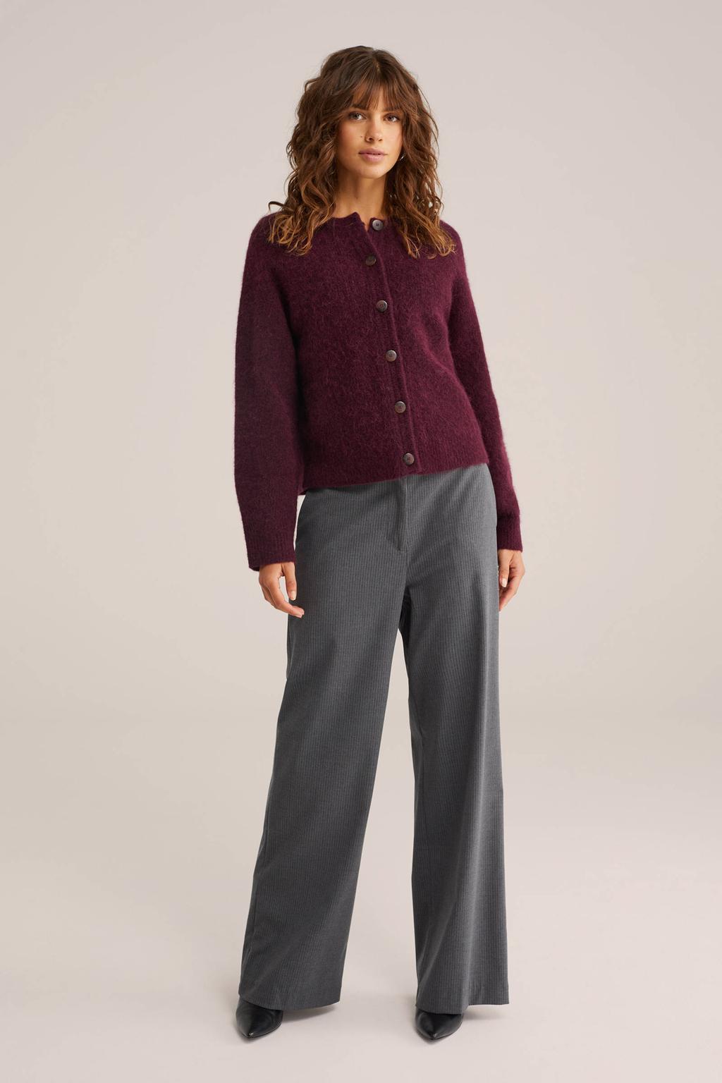 Donkerrode dames WE Fashion cardigan van wol met effen, lange mouwen, ronde hals en knoopsluiting