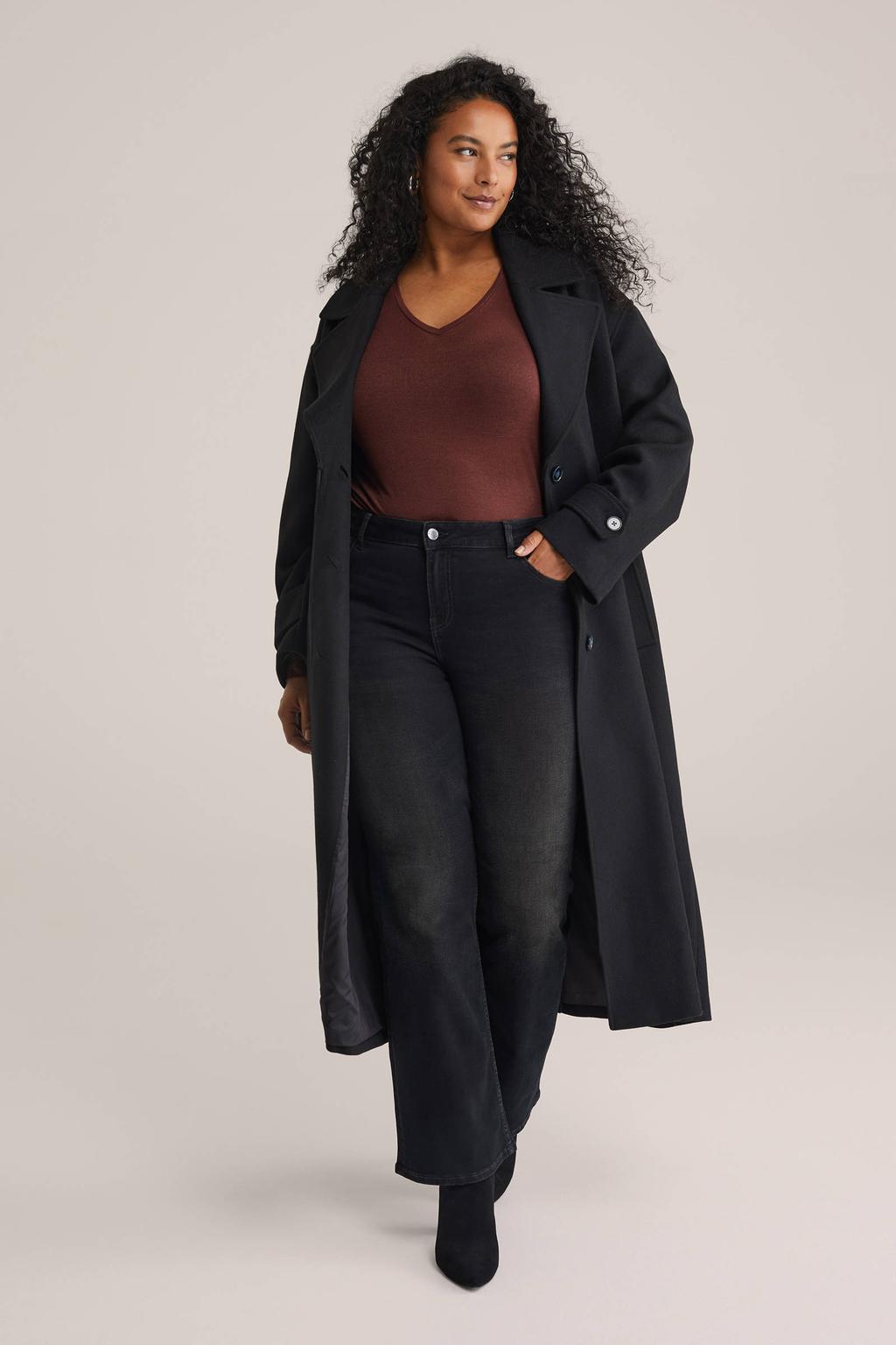Zwarte dames WE Fashion Curve high waist wide leg jeans van denim met rits- en knoopsluiting en effen
