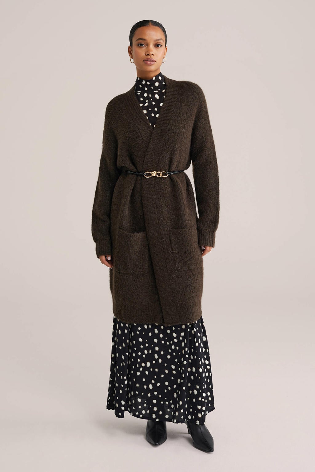Donkerblauwe dames WE Fashion lang vest met effen, lange mouwen en openvallende hals