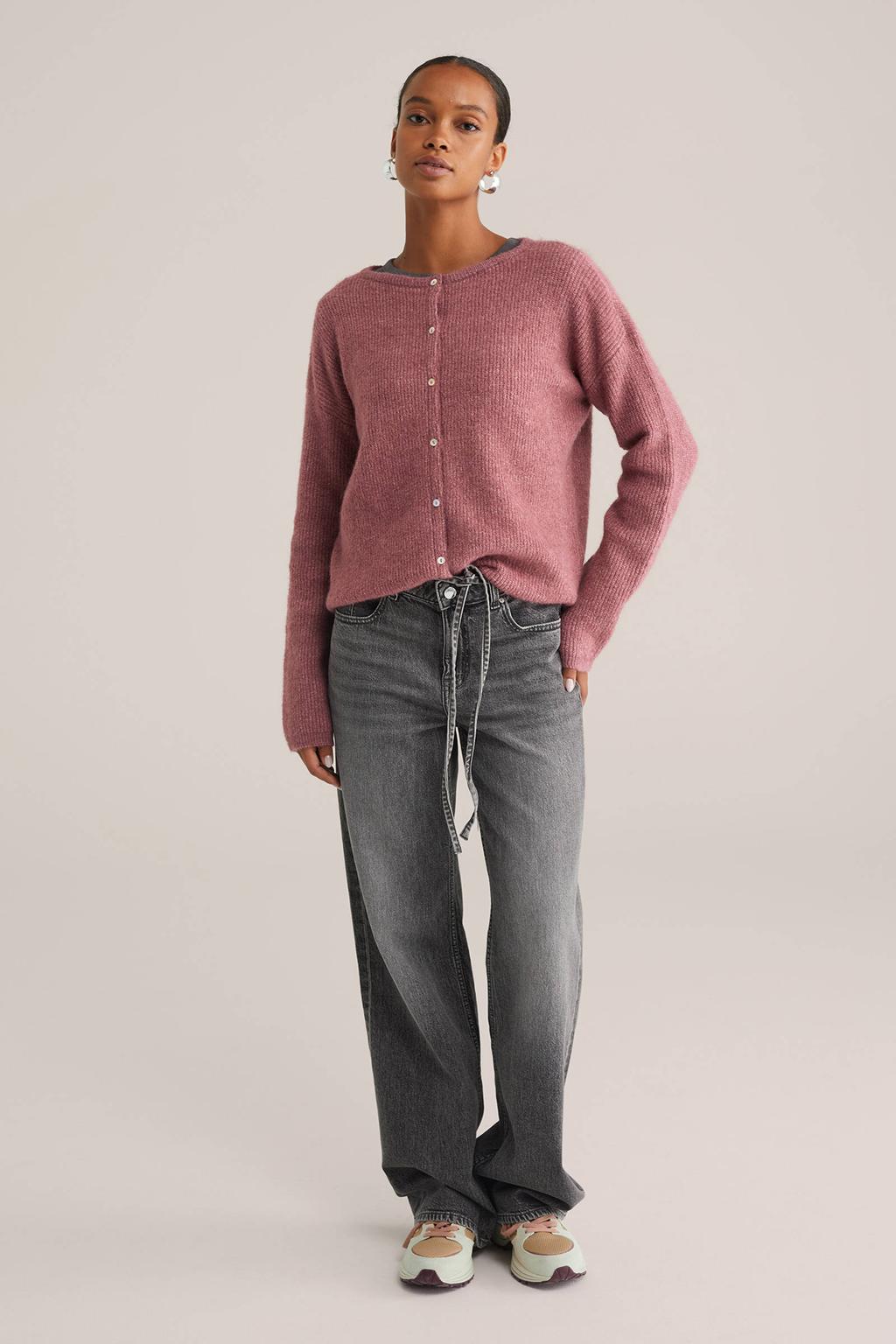 Oudroze dames WE Fashion vest fijn gebreid met effen, lange mouwen, ronde hals en knoopsluiting