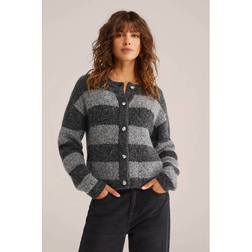 WE Fashion gestreepte cardigan met wol grijs melange afbeelding