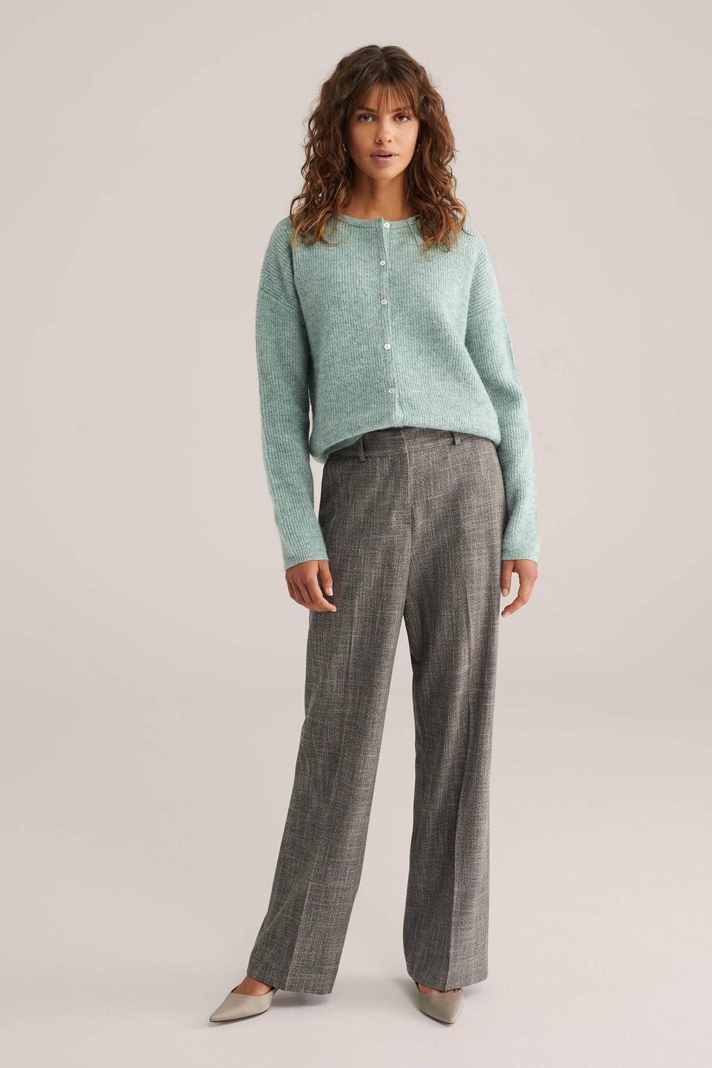 Lichtgroene dames WE Fashion vest fijn gebreid met effen, lange mouwen, ronde hals en knoopsluiting