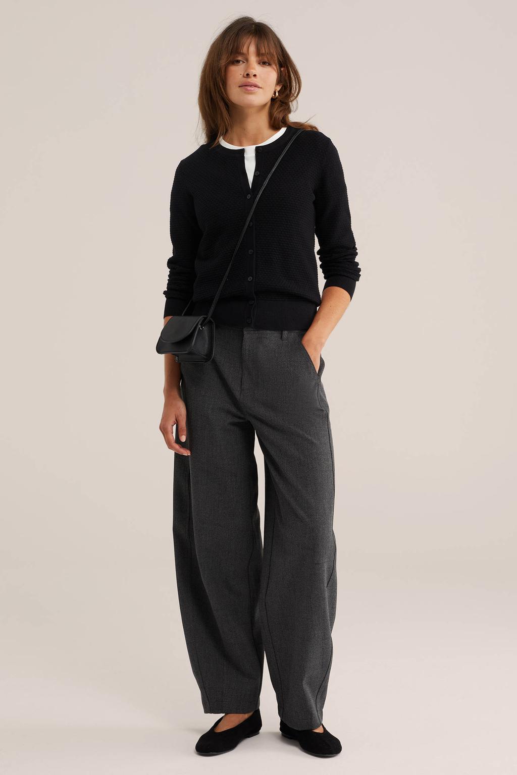 Zwarte dames WE Fashion gebreid vest van katoen met effen, lange mouwen, ronde hals en knoopsluiting