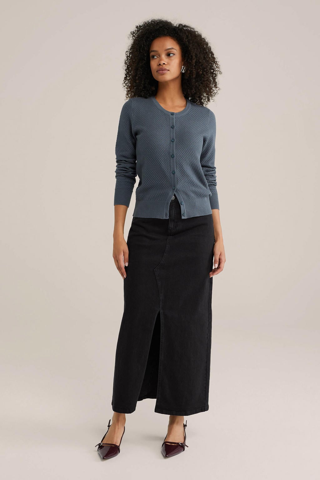 Grijsblauwe dames WE Fashion gebreid vest blauw van katoen met effen, lange mouwen, ronde hals en knoopsluiting