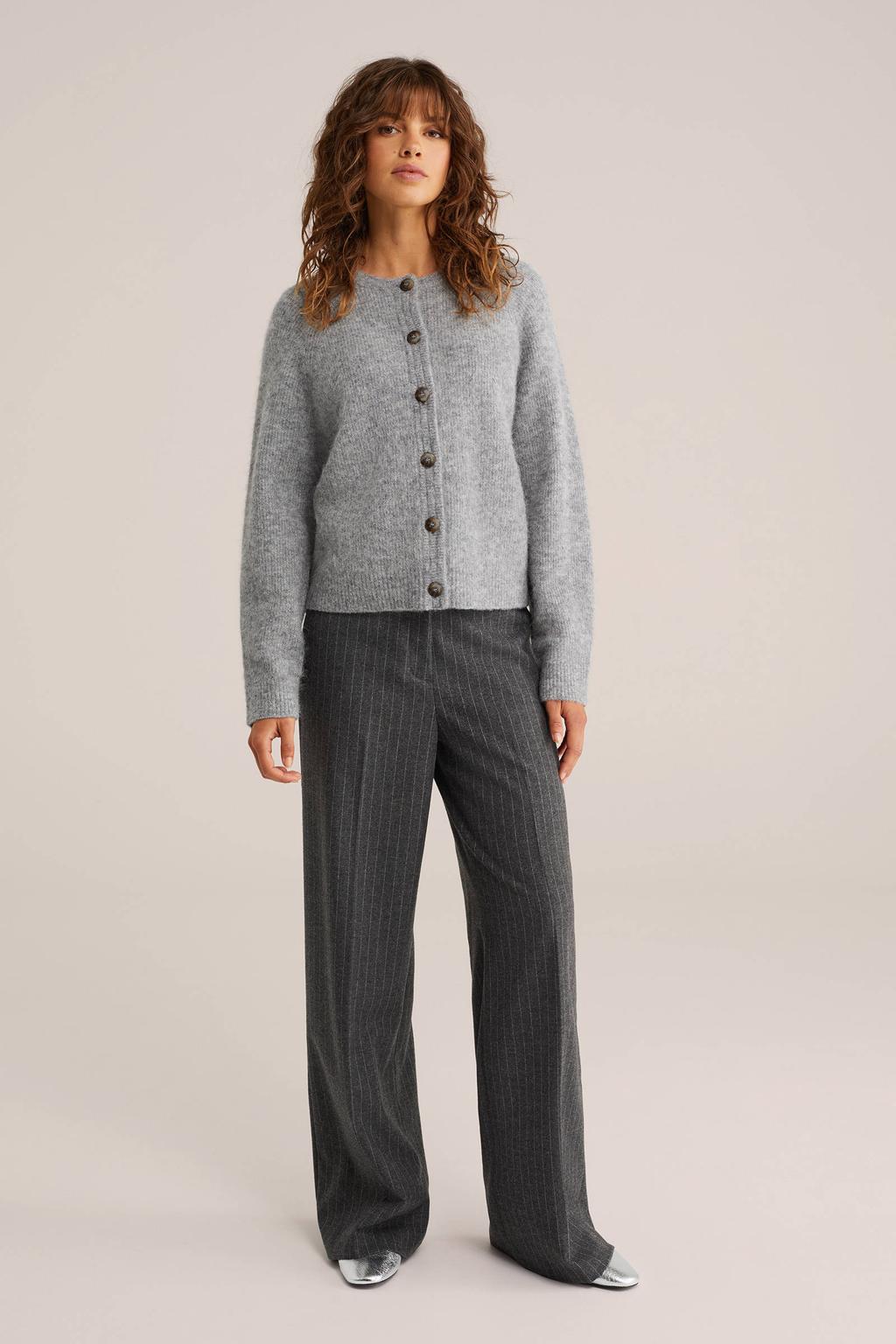 Grijze dames WE Fashion cardigan van wol met effen, lange mouwen, ronde hals en knoopsluiting