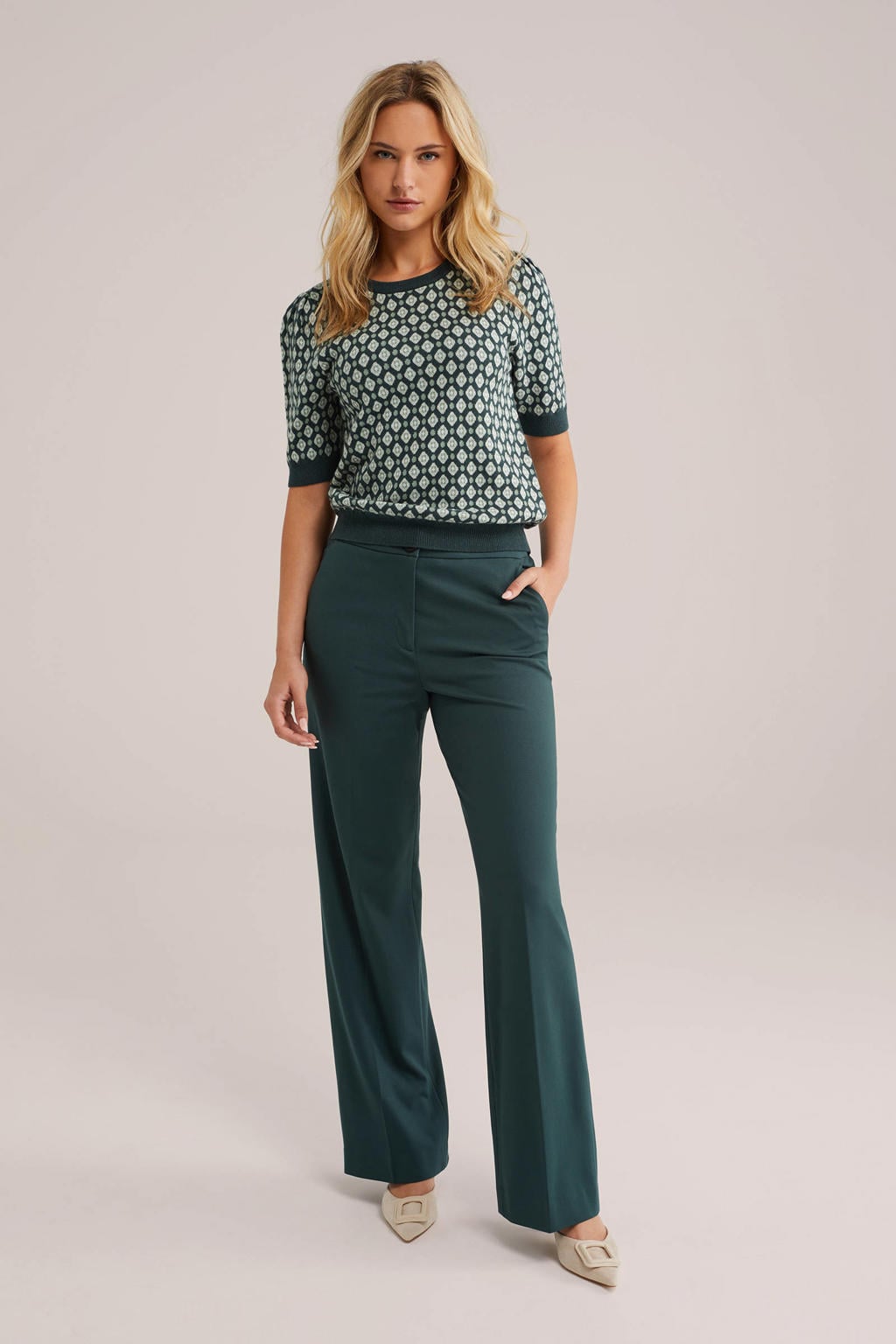 Donkergroene dames WE Fashion jersey high waist pantalon van viscose met loose fit, rits- en knoopsluiting en effen