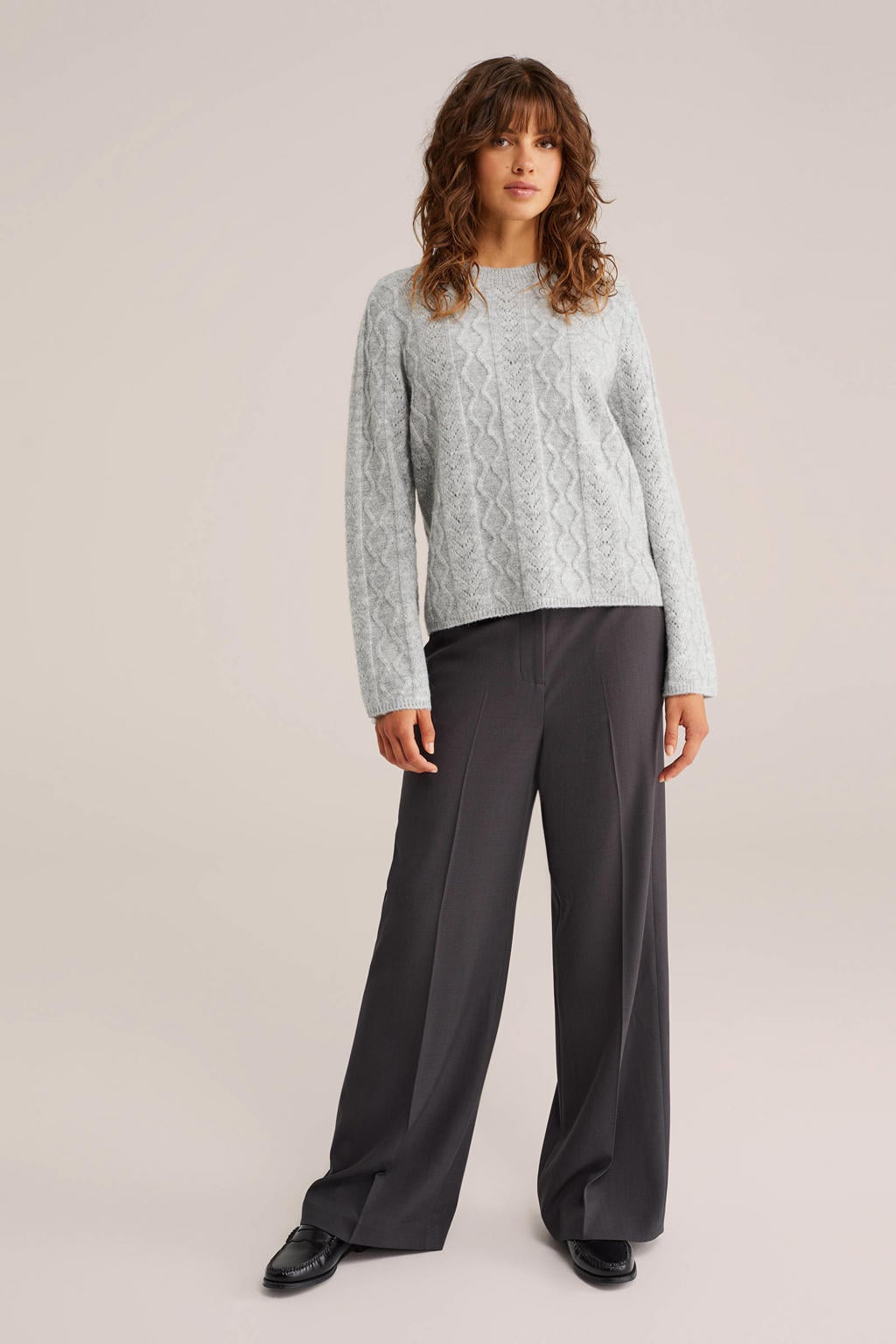 Antraciete dames WE Fashion jersey wide leg high waist pantalon met loose fit, rits- en knoopsluiting en effen
