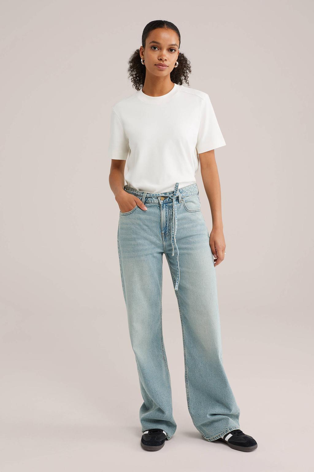 Light blue denim dames WE Fashion Blue Ridge wide leg jeans van denim met rits- en knoopsluiting en effen