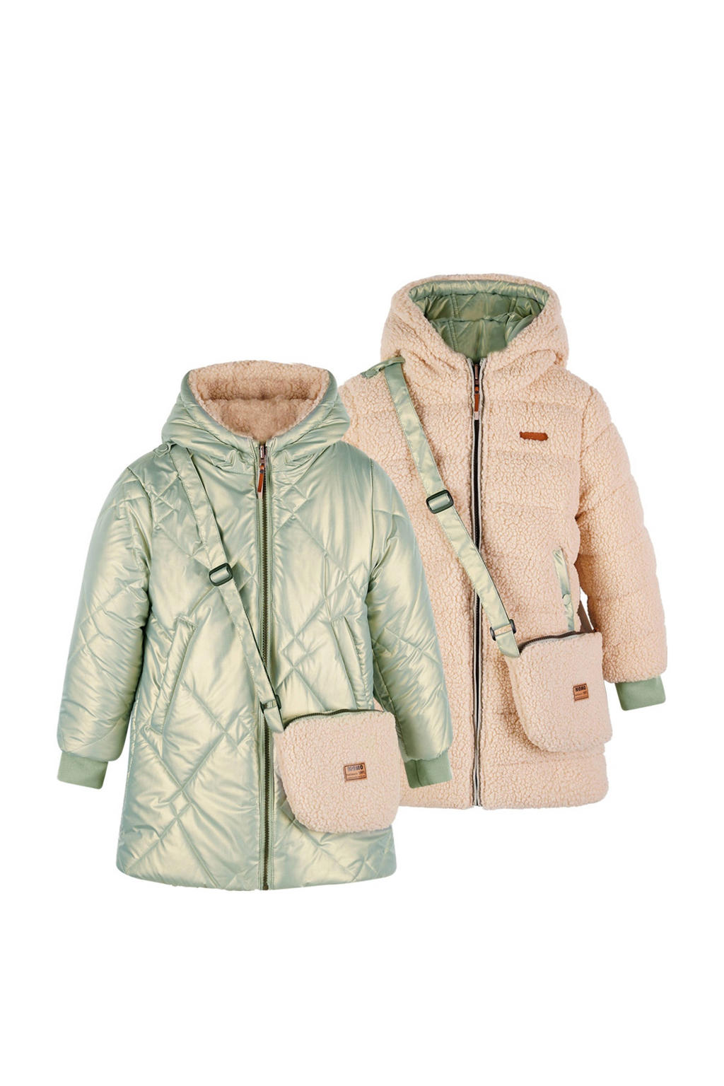Groen en beige meisjes NONO reversible jas van polyester met effen, lange mouwen, capuchon en ritssluiting