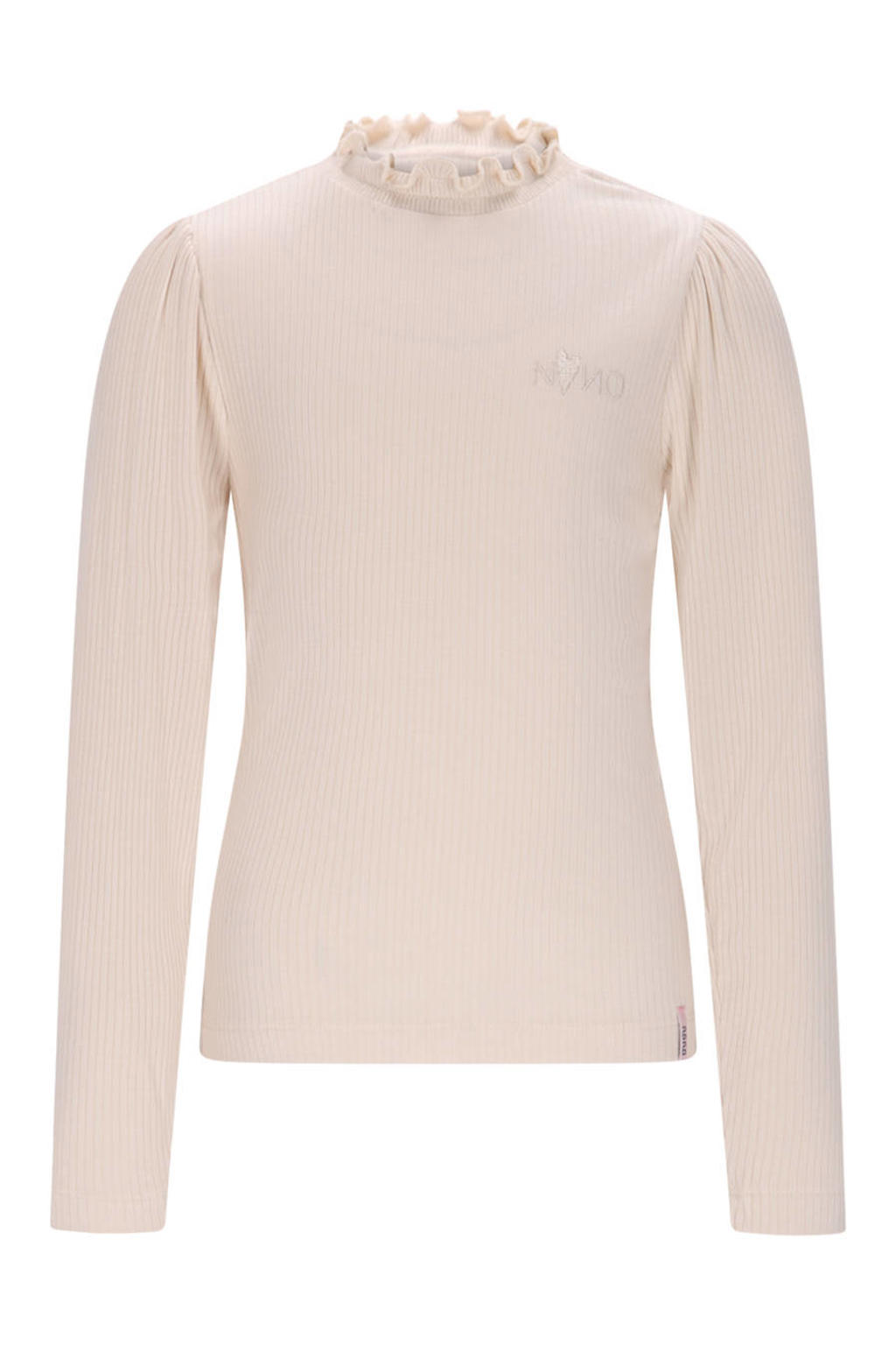 Witte meisjes NONO longsleeve van viscose met effen, lange mouwen, opstaande kraag en ruches