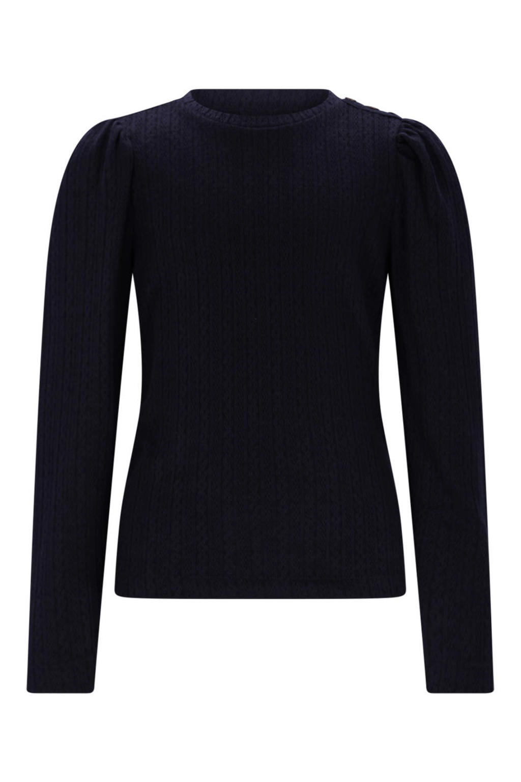 Donkerblauwe meisjes NONO blousetop van polyester met effen, lange mouwen, ronde hals en sierknopen