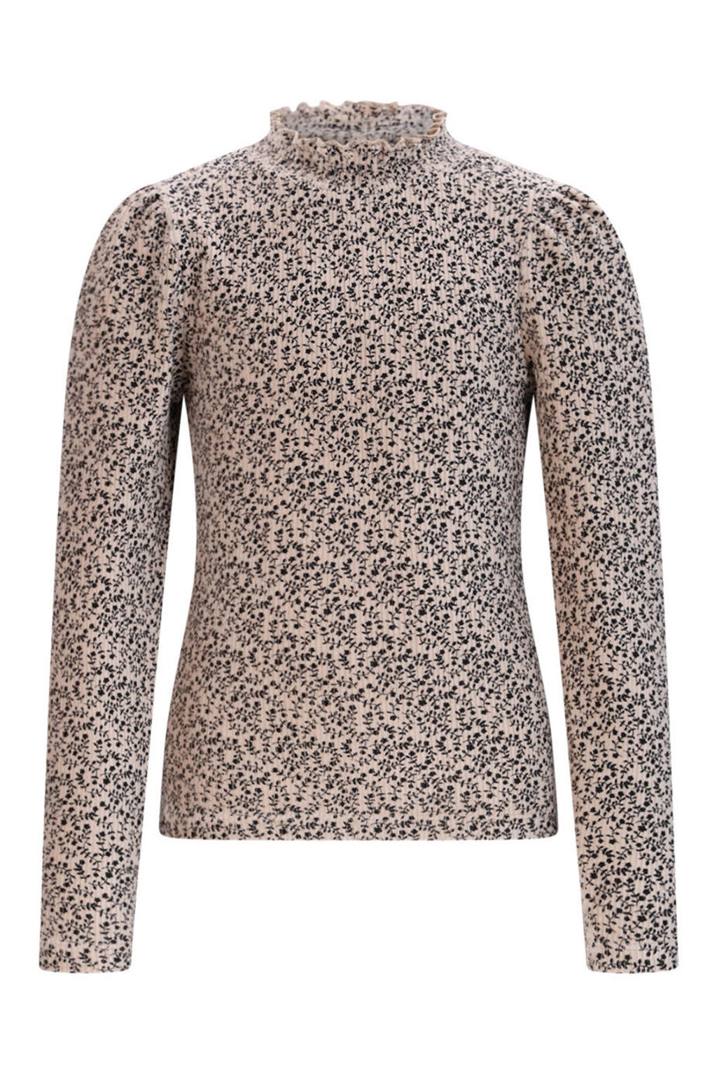 Ecru en zwarte meisjes NONO longsleeve van stretchkatoen met bloemenprint, lange mouwen, opstaande kraag en textuur