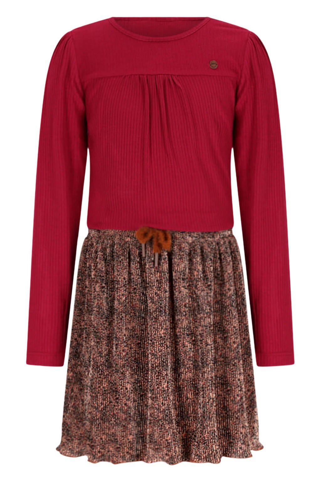 Donkerrood en bruine meisjes NONO midi jurk van polyester met lange mouwen, ronde hals en elastische tailleband met koord
