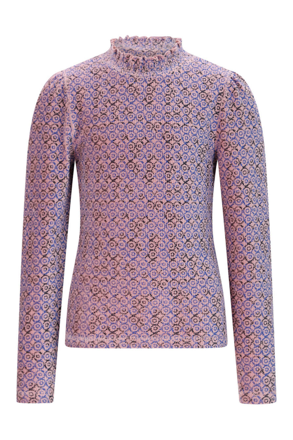 Blauw en lilakleurige meisjes NONO longsleeve van stretchkatoen met lange mouwen, opstaande kraag en textuur