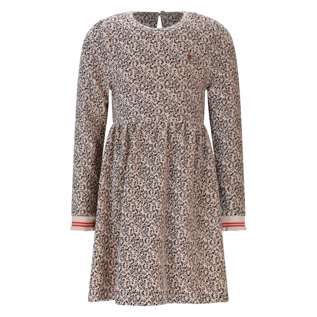 Ecru en zwarte meisjes NONO midi jurk van stretchkatoen met bloemenprint, lange mouwen, ronde hals en knoopsluiting