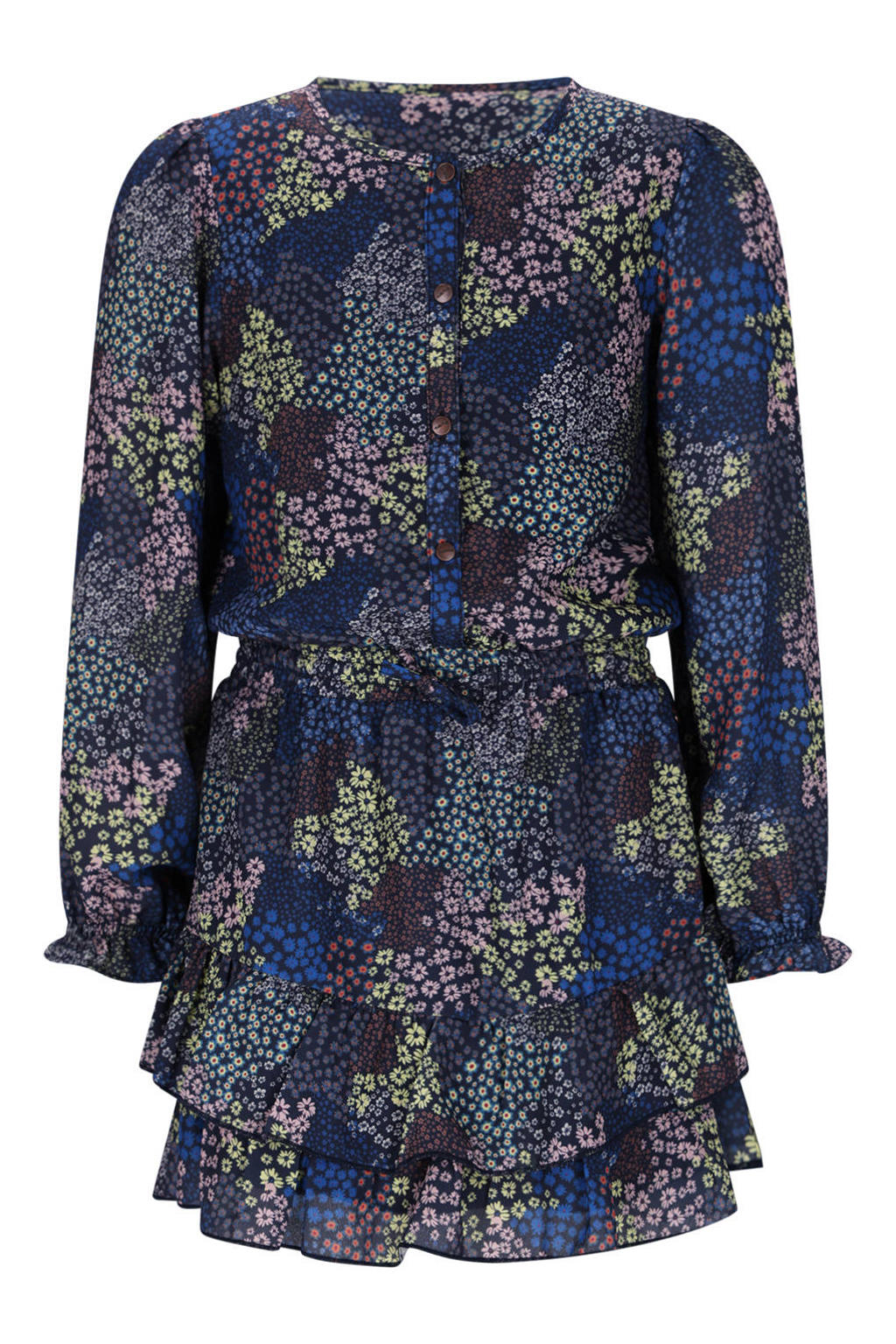Donkerblauw en multikleurige meisjes NONO korte jurk van polyester met lange mouwen, ronde hals en drukknoopsluiting