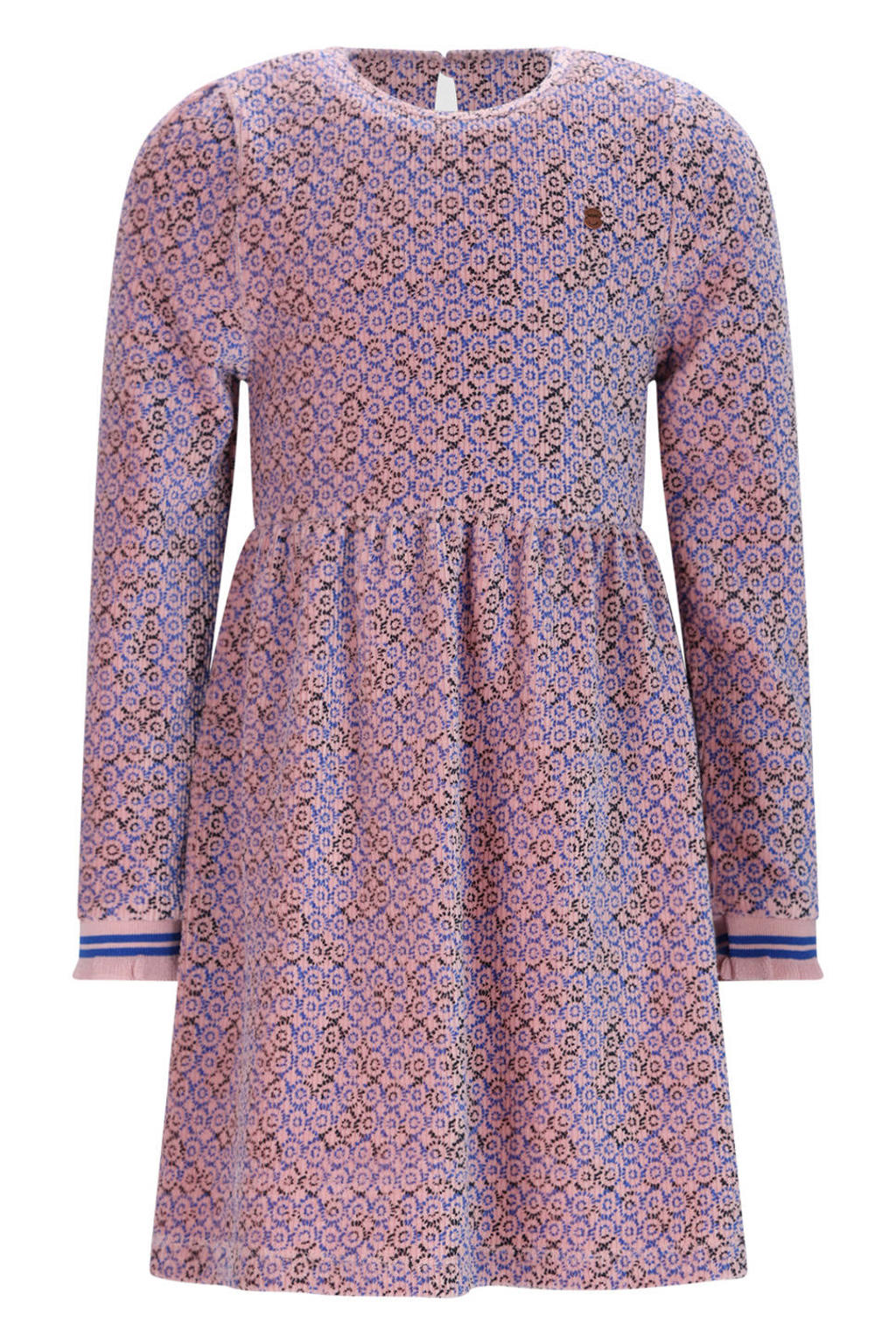 Blauw en lilakleurige meisjes NONO midi jurk van stretchkatoen met lange mouwen, ronde hals en knoopsluiting