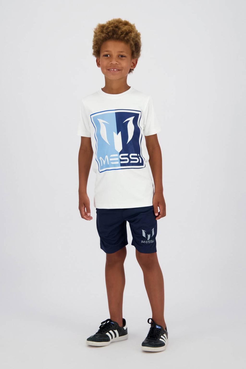 Witte jongens Messi T-shirt van polyester met logo dessin, korte mouwen en ronde hals
