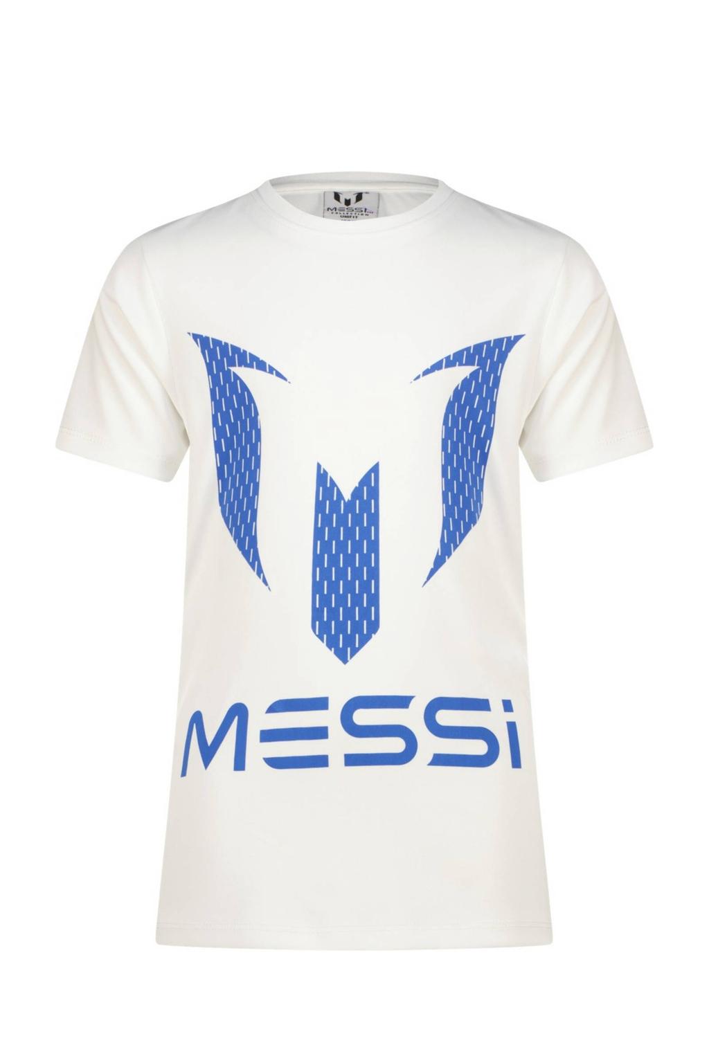 Witte jongens Messi T-shirt van katoen met logo dessin, korte mouwen en ronde hals