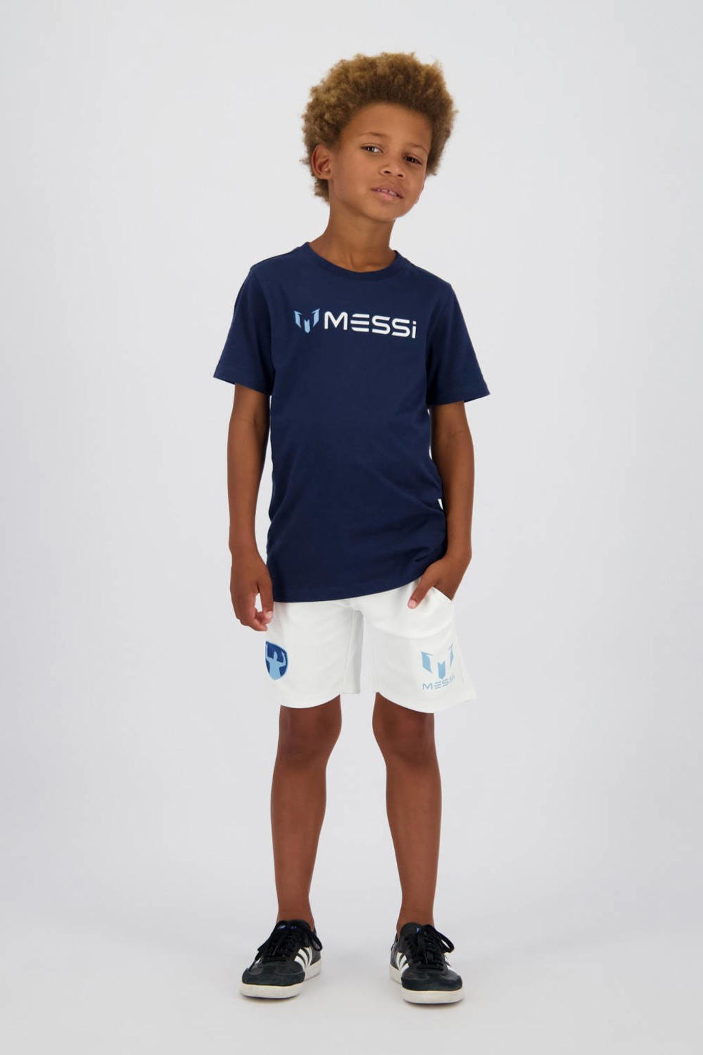 Donkerblauwe jongens Messi T-shirt van katoen met backprint, korte mouwen en ronde hals