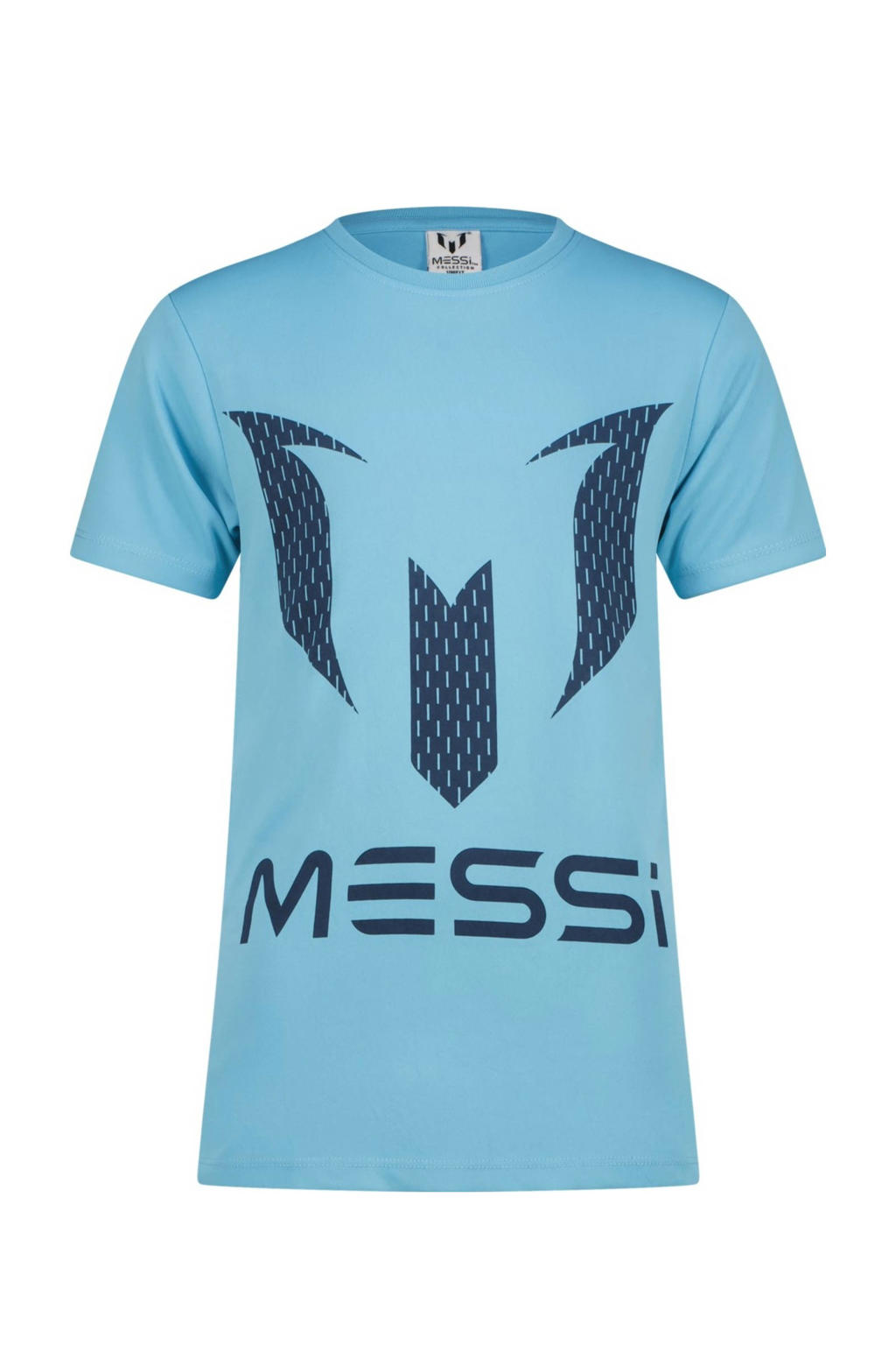 Blauwe jongens Messi T-shirt van katoen met logo dessin, korte mouwen en ronde hals