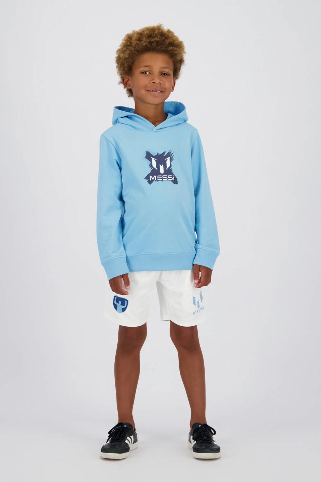 Lichtblauwe jongens en meisjes Messi hoodie van sweat materiaal met backprint, lange mouwen en capuchon