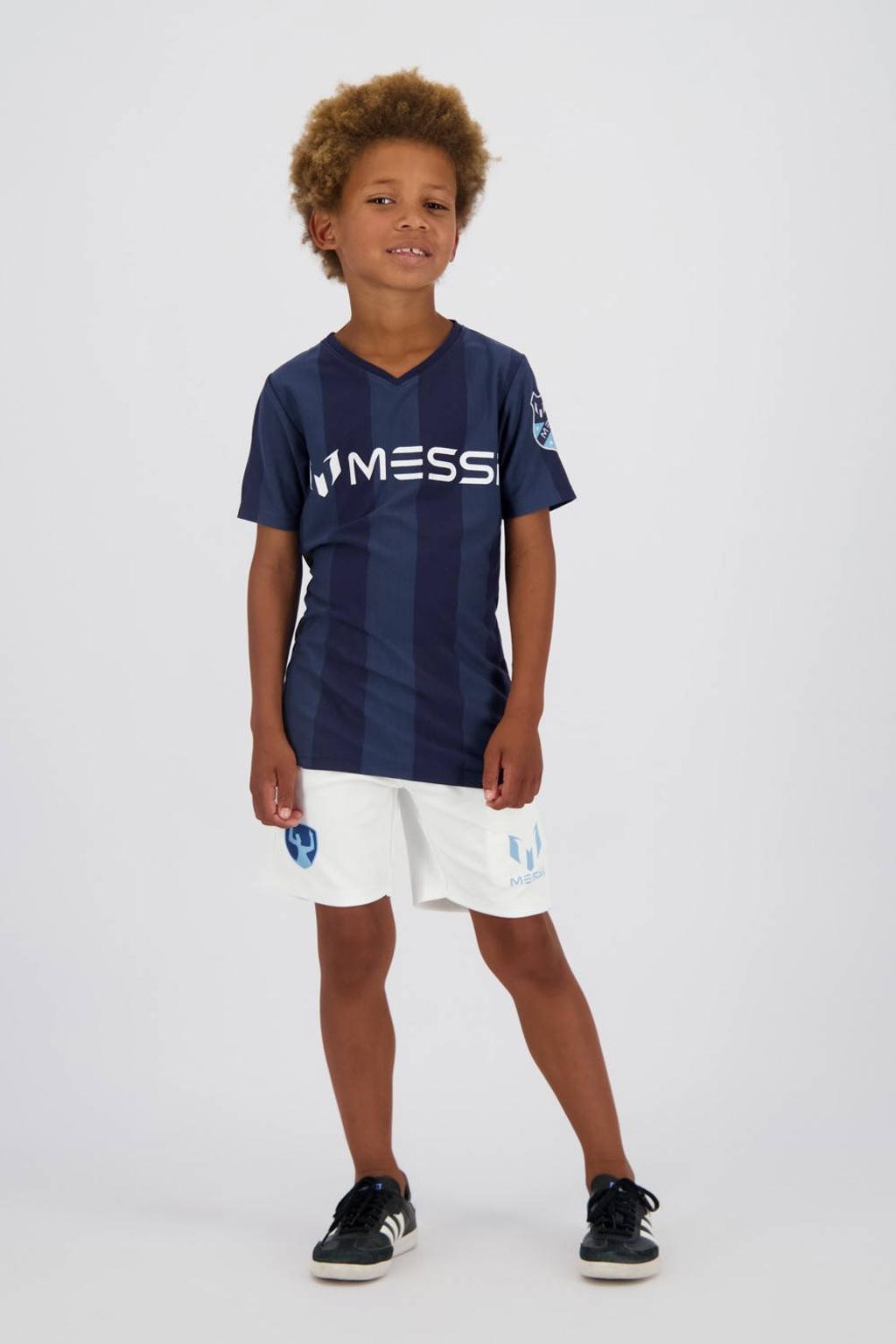 Donkerblauwe jongens Messi T-shirt van katoen met strepenprint, korte mouwen en ronde hals