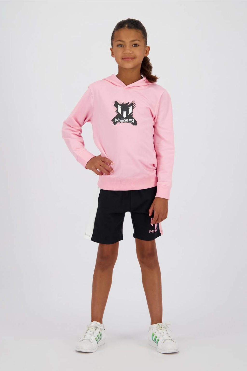 Lichtroze jongens en meisjes Messi hoodie van sweat materiaal met backprint, lange mouwen en capuchon
