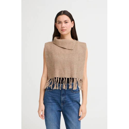 ICHI mouwloze poncho met franjes beige afbeelding