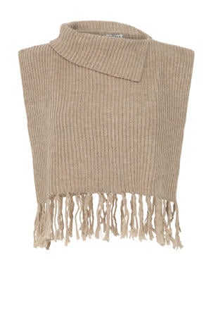 mouwloze poncho met franjes beige
