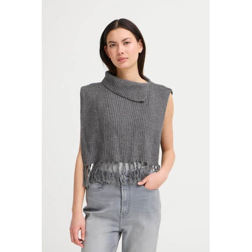 ICHI mouwloze poncho met franjes donkergrijs afbeelding