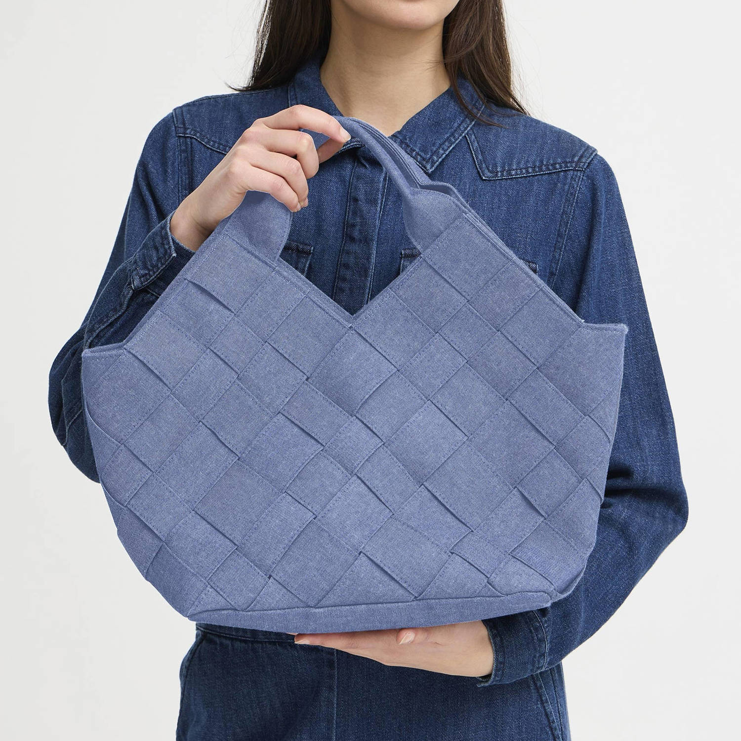 ICHI gevlochtend handtas IALINDA blauw