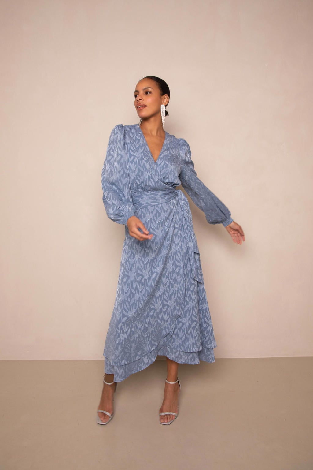 Blauwe dames Freebird wikkel- overslagjurk van polyester met bloemenprint, lange mouwen en striksluiting