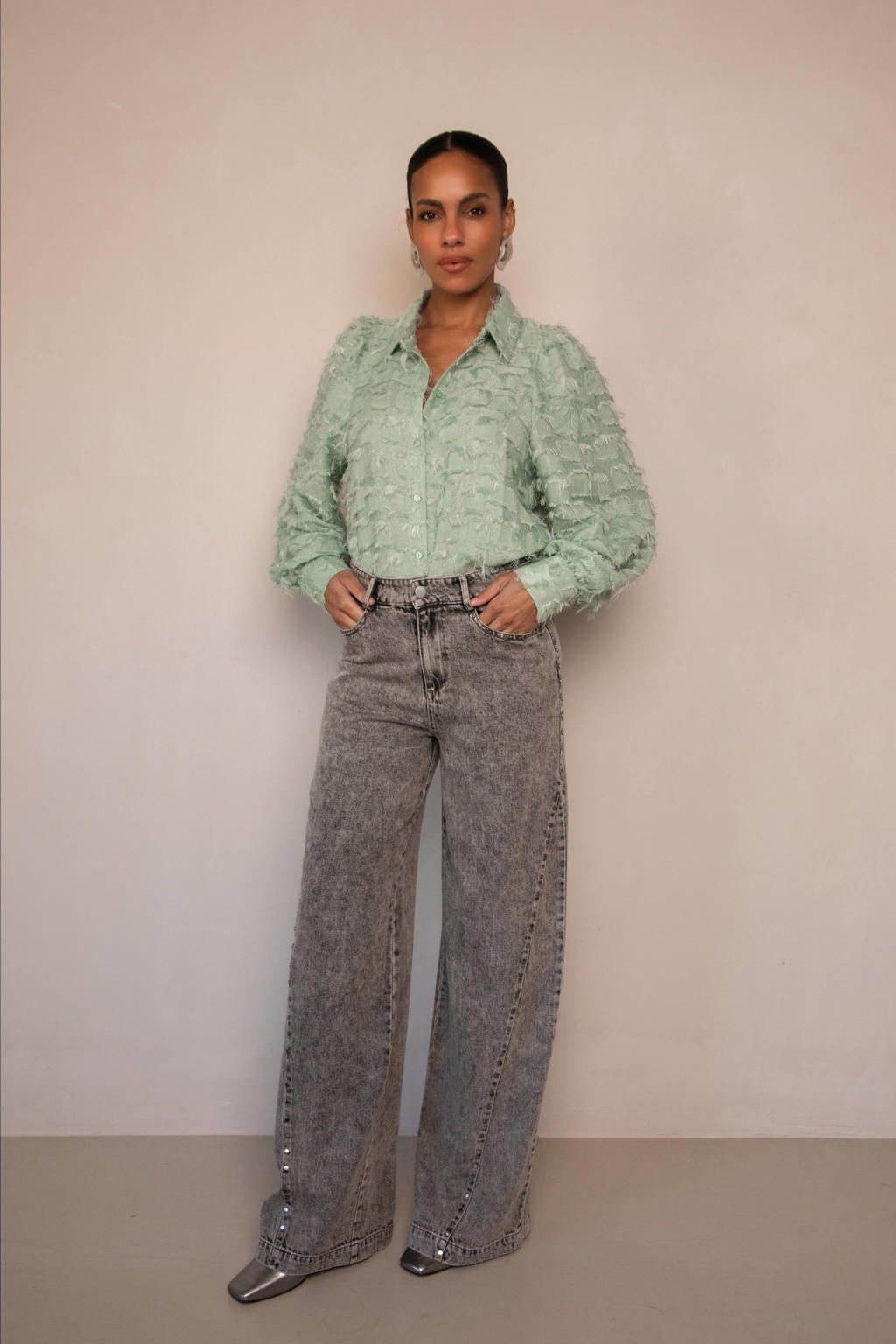 Mintgroene dames Freebird blouse van polyester met effen, lange mouwen, klassieke kraag, knoopsluiting en textuur