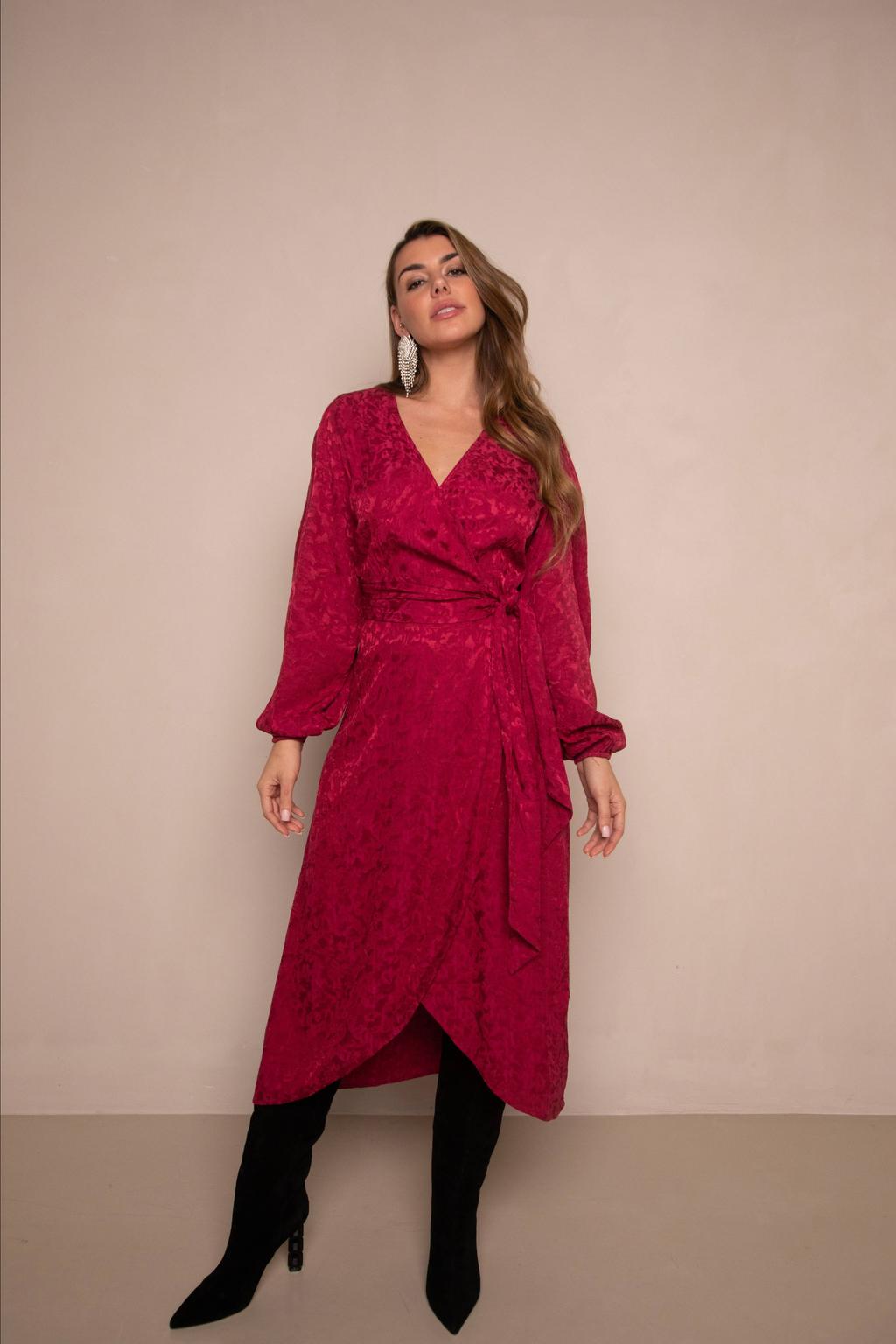 Rode dames Freebird wikkel- overslagjurk van viscose met lange mouwen, V-hals en striksluiting