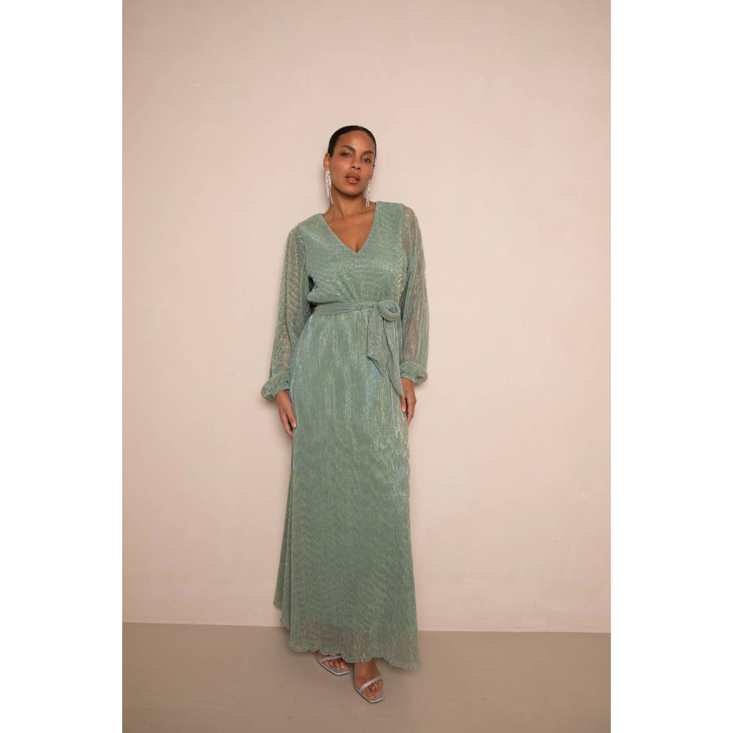 Freebird maxi jurk met lurex groen
