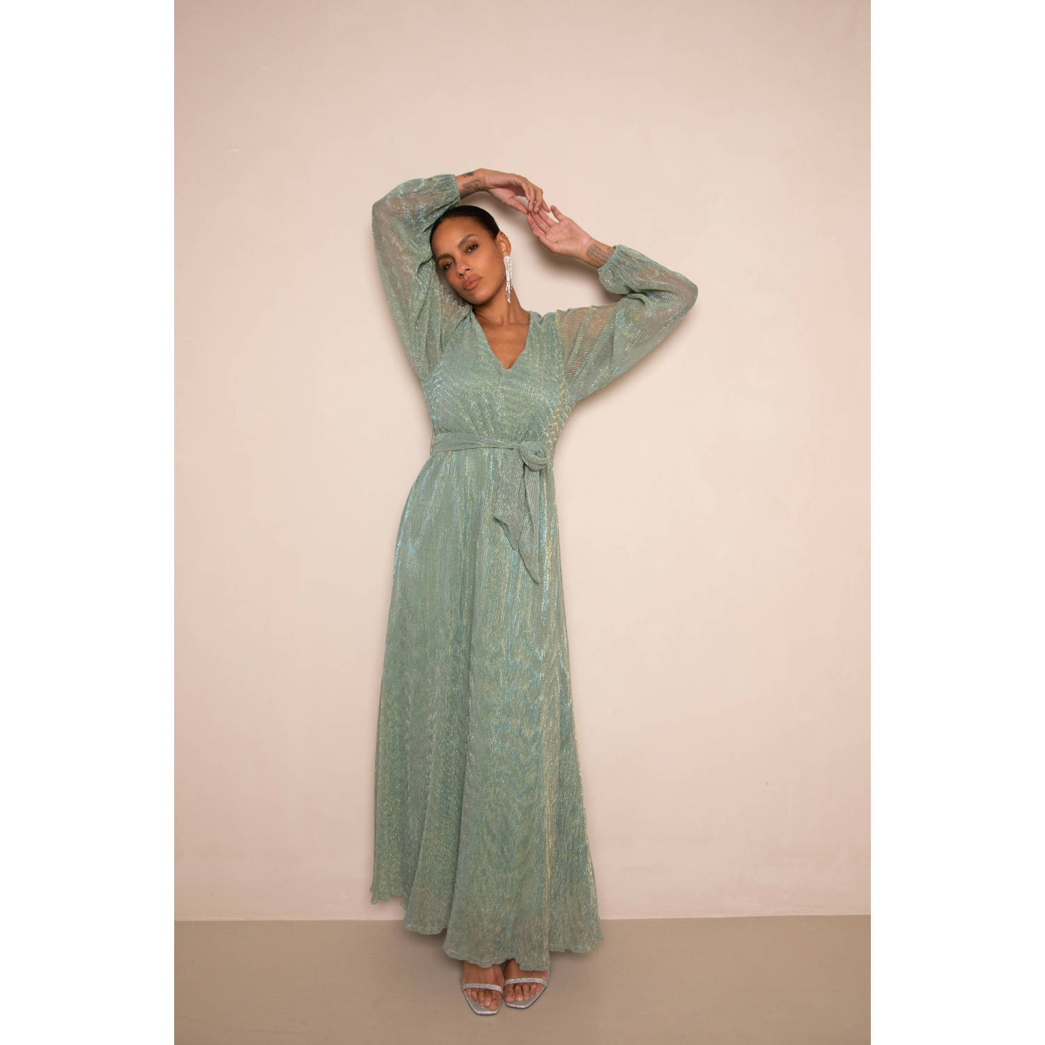 Freebird maxi jurk met lurex groen
